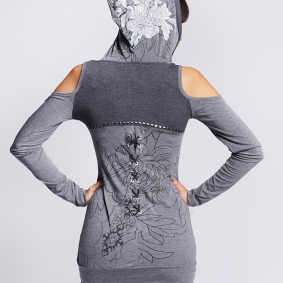 💥HOT ITEM💥 Gray Tena Hooded Cutout Dress Top - Picture 2 of 3